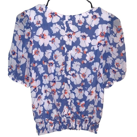 Women's Floral Tops | Blue Feminine Top | Short Puff Sleeves Top Size XS - Picture 2 of 8